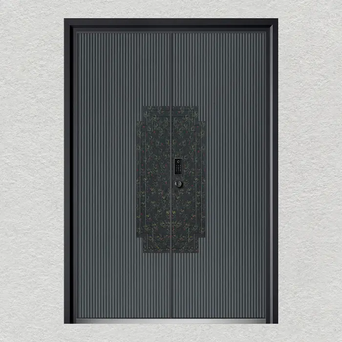 Porte d'entrée contemporaine personnalisée en aluminium et métal, avec serrure intelligente, porte d