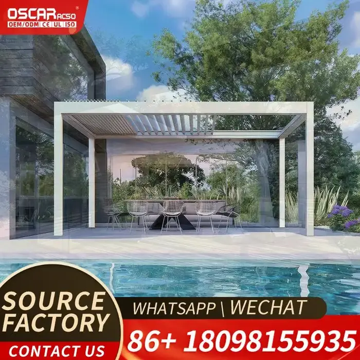 Pergola motorisée en aluminium avec toit à lames rétractables, résistante au vent, pour jardin extér