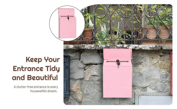 Boîte aux lettres murale, boîte aux lettres en métal rose pour porte de porche extérieure